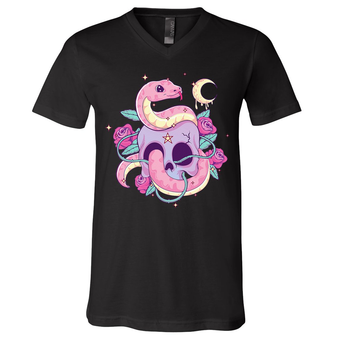 Pastel Goth Creepy Skull Serpent Snake Kawaii Emo Nu Goth V-Neck T-Shirt