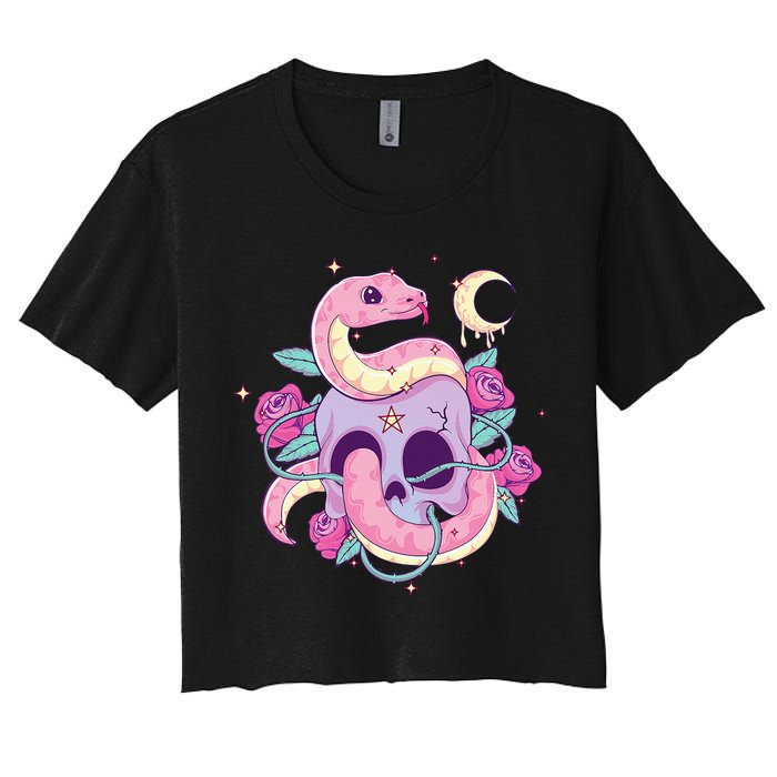 Pastel Goth Creepy Skull Serpent Snake Kawaii Emo Nu Goth Women's Crop Top Tee