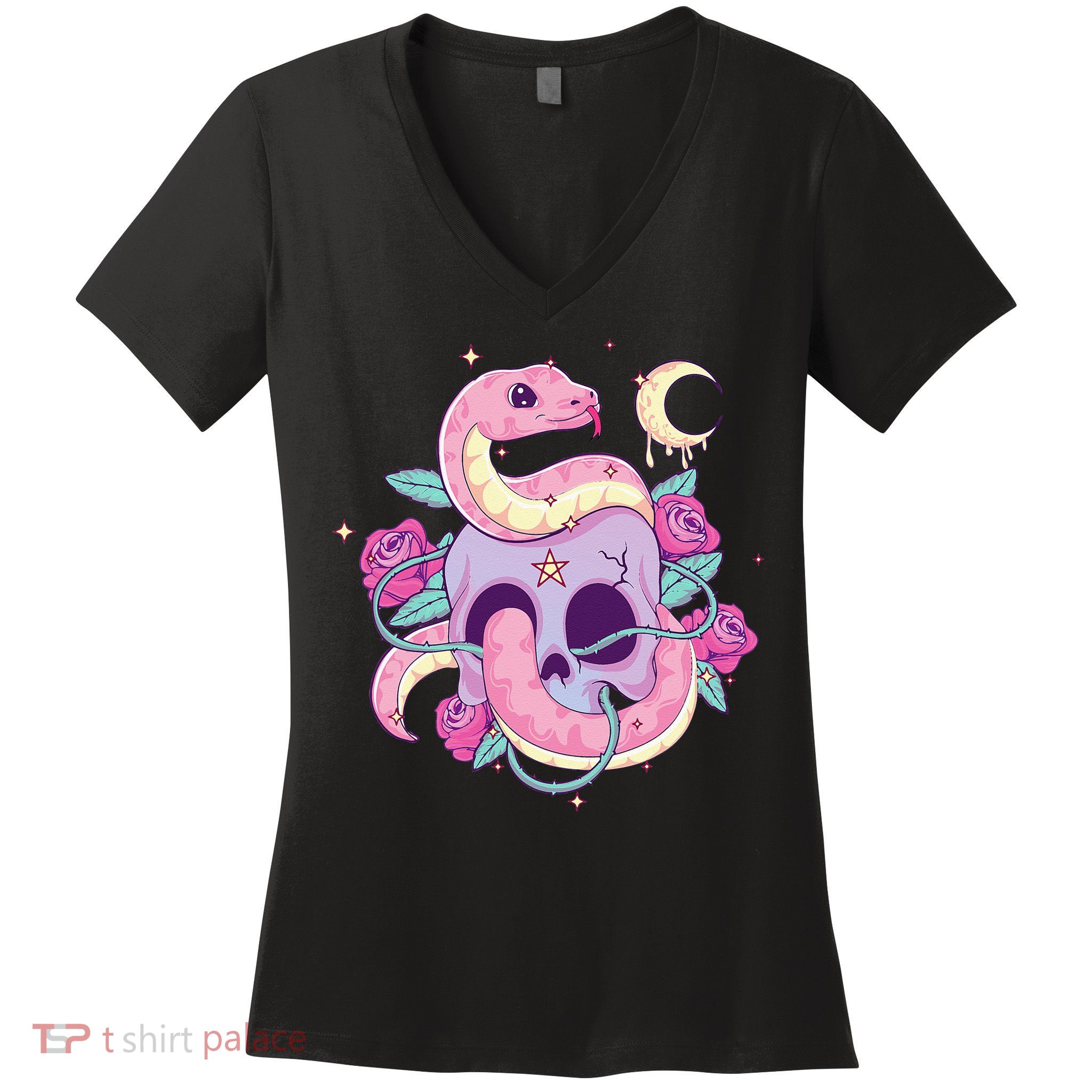 Pastel Goth Creepy Skull Serpent Snake Kawaii Emo Nu Goth Women's V-Neck T-Shirt