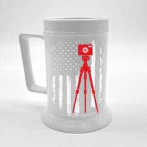 Photographer Gift Distressed American Flag Photographer Beer Stein