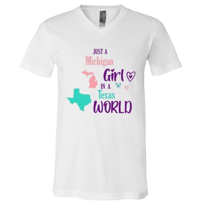 Proud Girl Design Just A Michigan Girl In A Texas World V-Neck T-Shirt