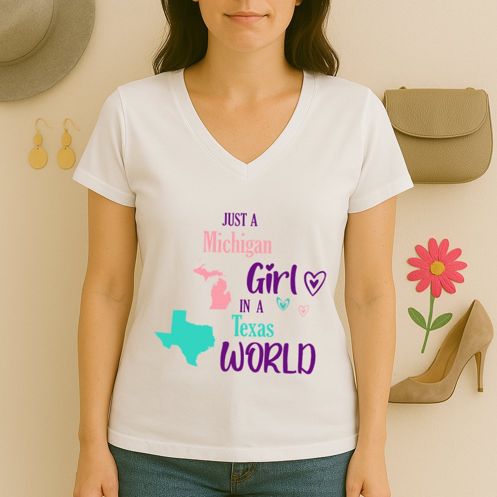 Proud Girl Design Just A Michigan Girl In A Texas World Women's V-Neck T-Shirt