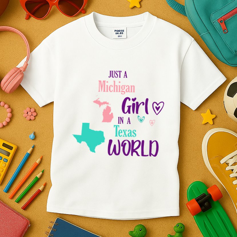 Proud Girl Design Just A Michigan Girl In A Texas World Kids T-Shirt