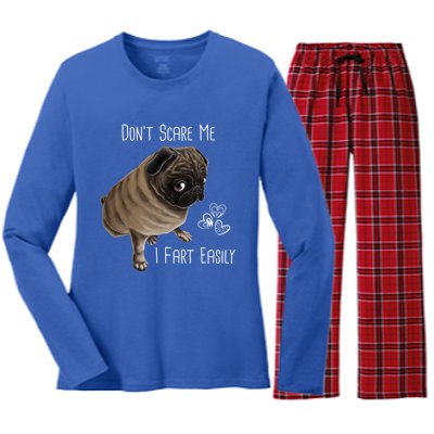 Pug Gift Don't Scare Me I Fart Easily Pug Funny Gift Women's Long Sleeve Flannel Pajama Set 