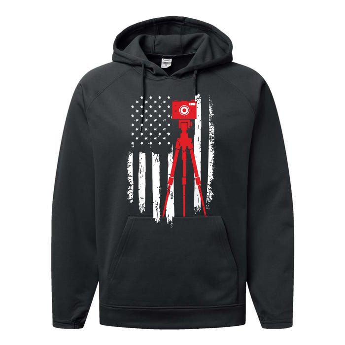 Photographer Gift Distressed American Flag Photographer Performance Fleece Hoodie