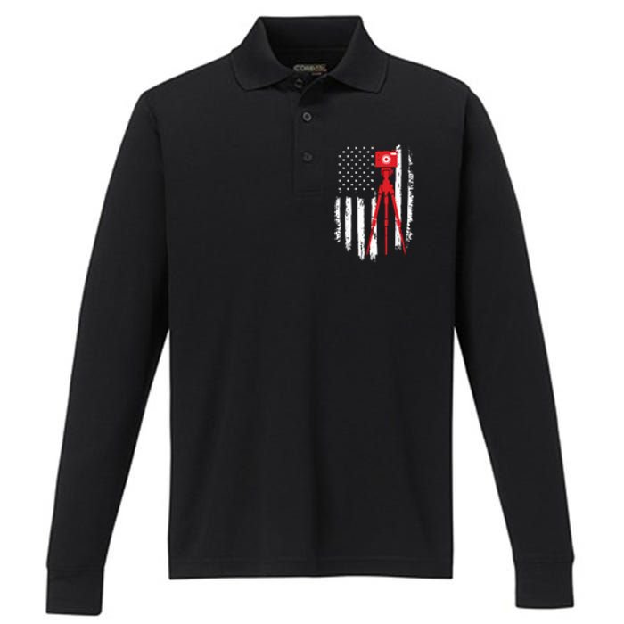 Photographer Gift Distressed American Flag Photographer Performance Long Sleeve Polo