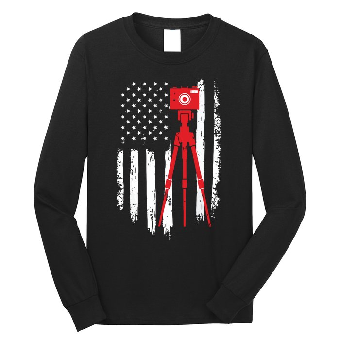 Photographer Gift Distressed American Flag Photographer Long Sleeve Shirt