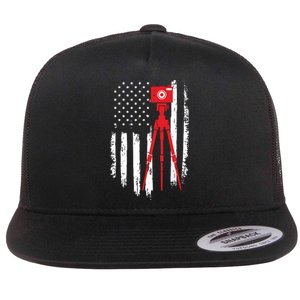 Photographer Gift Distressed American Flag Photographer Flat Bill Trucker Hat