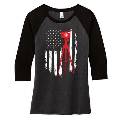 Photographer Gift Distressed American Flag Photographer Women's Tri-Blend 3/4-Sleeve Raglan Shirt