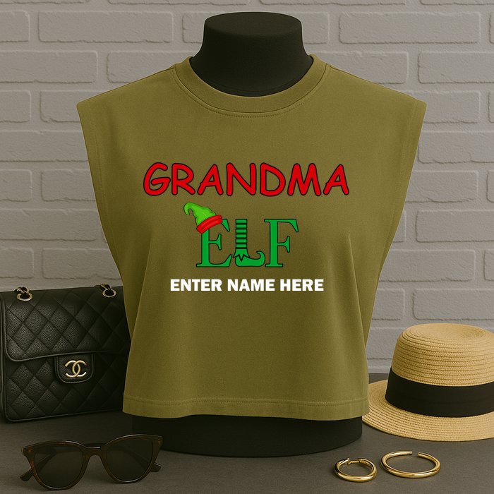 Personalize Grandma Elf Custom Family Matching Christmas Garment-Dyed Women's Muscle Tee