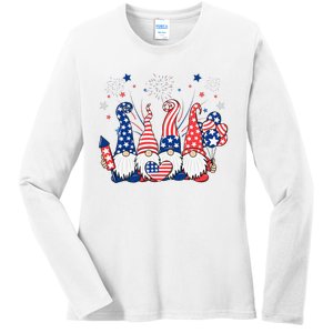 Patriotic Gnomes Fireworks USA Independence Day 4th Of July Ladies Long Sleeve Shirt