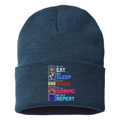 Play Games Funny Otaku Gamer Eat Sleep Anime Gaming Repeat Sustainable Knit Beanie