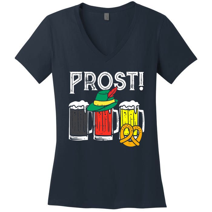 Prost German Flag Colors Hat Bavarian Oktoberfest Women's V-Neck T-Shirt