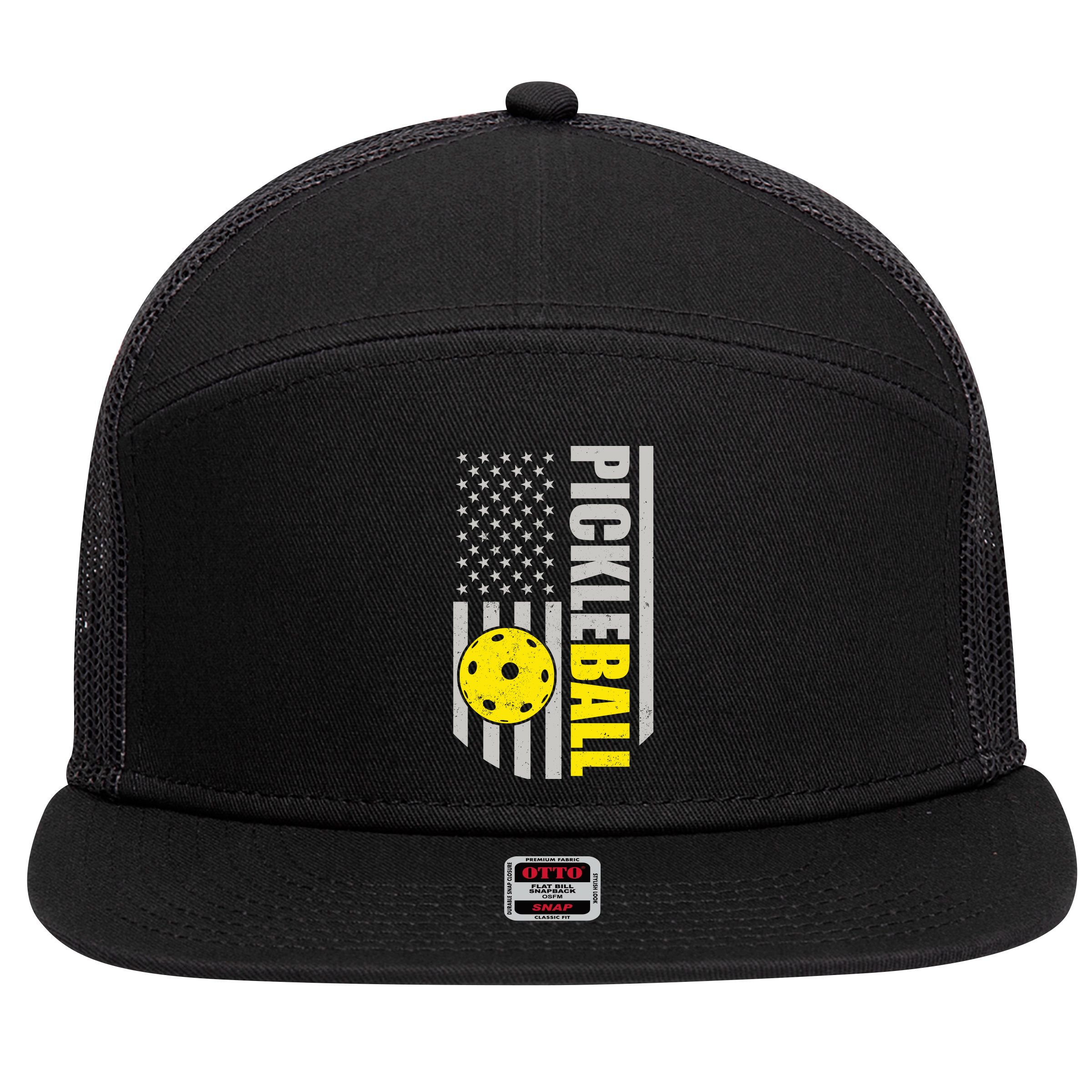 Pickleball Gift_American Flag Pickleball Paddle 7 Panel Mesh Trucker Snapback Hat