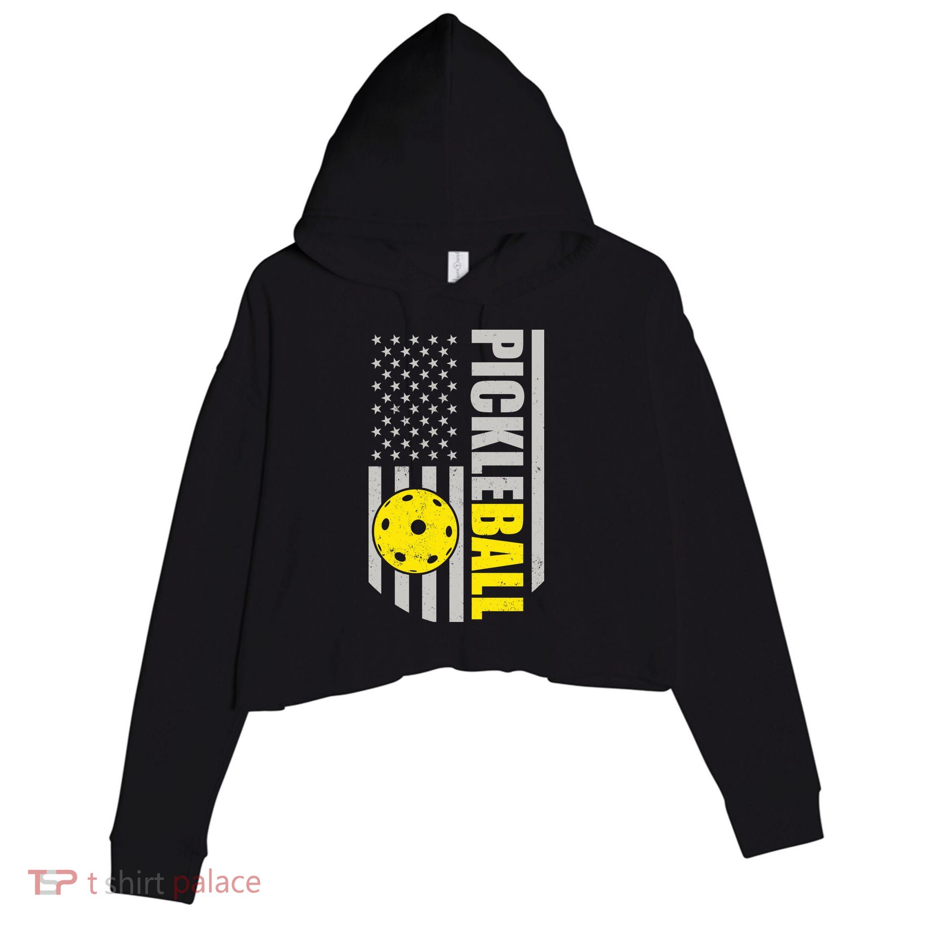 Pickleball Gift_American Flag Pickleball Paddle Crop Fleece Hoodie