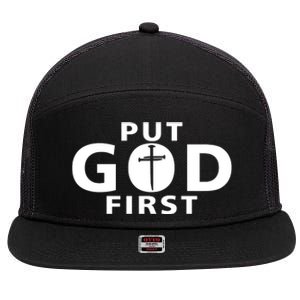 Put God First Christian 3 Nails Cross Catholic Jesus Christ 7 Panel Mesh Trucker Snapback Hat