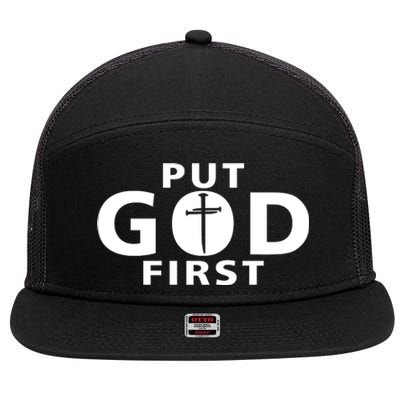 Put God First Christian 3 Nails Cross Catholic Jesus Christ 7 Panel Mesh Trucker Snapback Hat