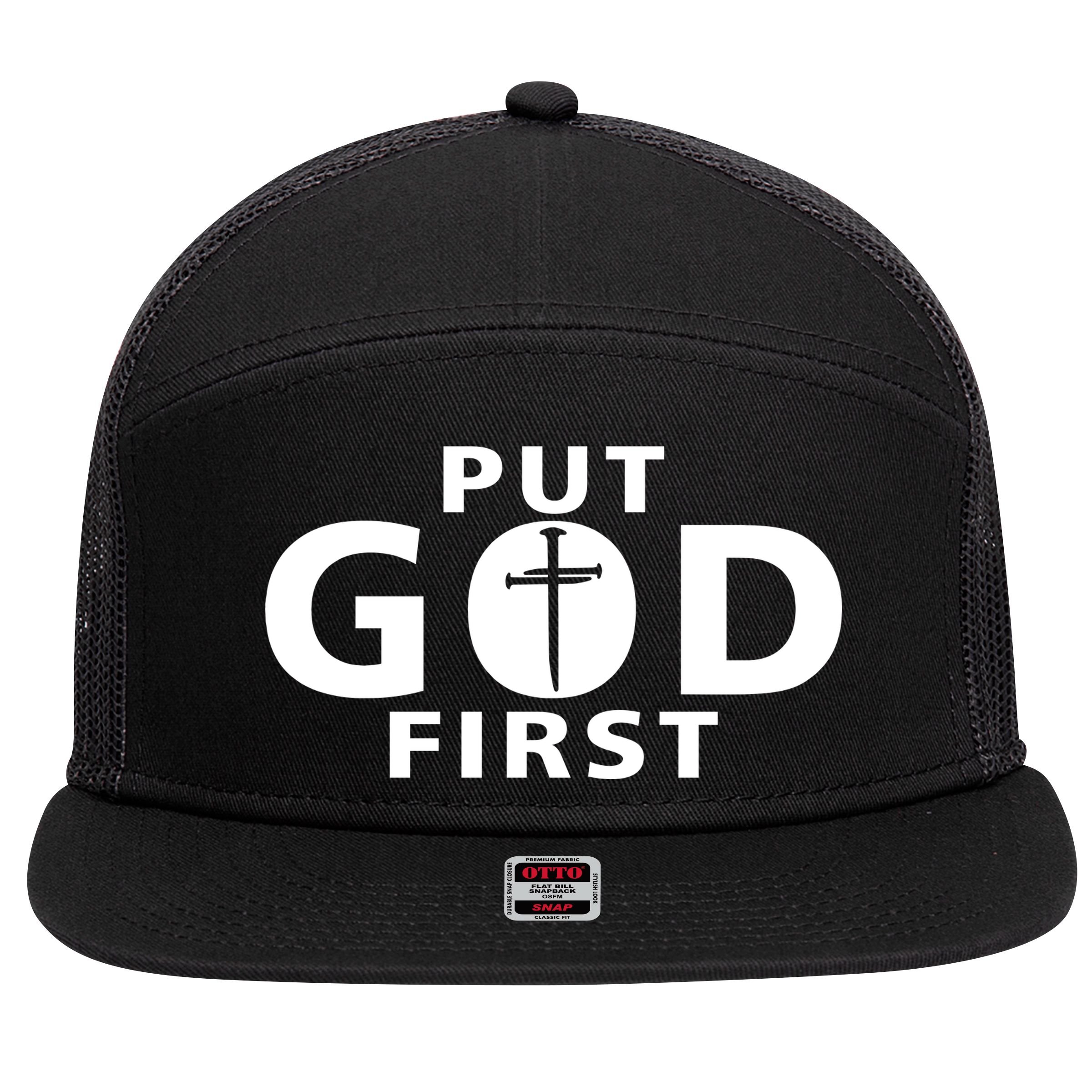 Put God First Christian 3 Nails Cross Catholic Jesus Christ 7 Panel Mesh Trucker Snapback Hat