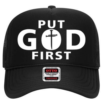 Put God First Christian 3 Nails Cross Catholic Jesus Christ High Crown Mesh Back Trucker Hat