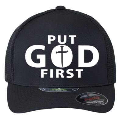 Put God First Christian 3 Nails Cross Catholic Jesus Christ Flexfit Unipanel Trucker Cap