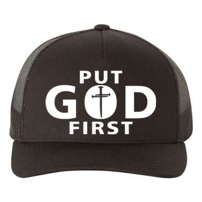 Put God First Christian 3 Nails Cross Catholic Jesus Christ Yupoong Adult 5-Panel Trucker Hat