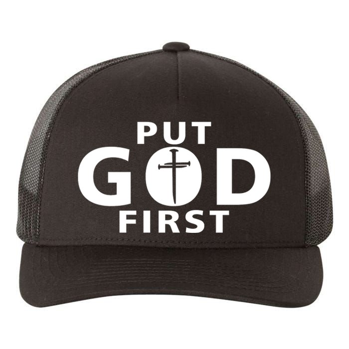 Put God First Christian 3 Nails Cross Catholic Jesus Christ Yupoong Adult 5-Panel Trucker Hat