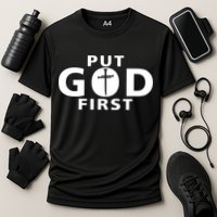 Put God First Christian 3 Nails Cross Catholic Jesus Christ Cooling Performance Crew T-Shirt