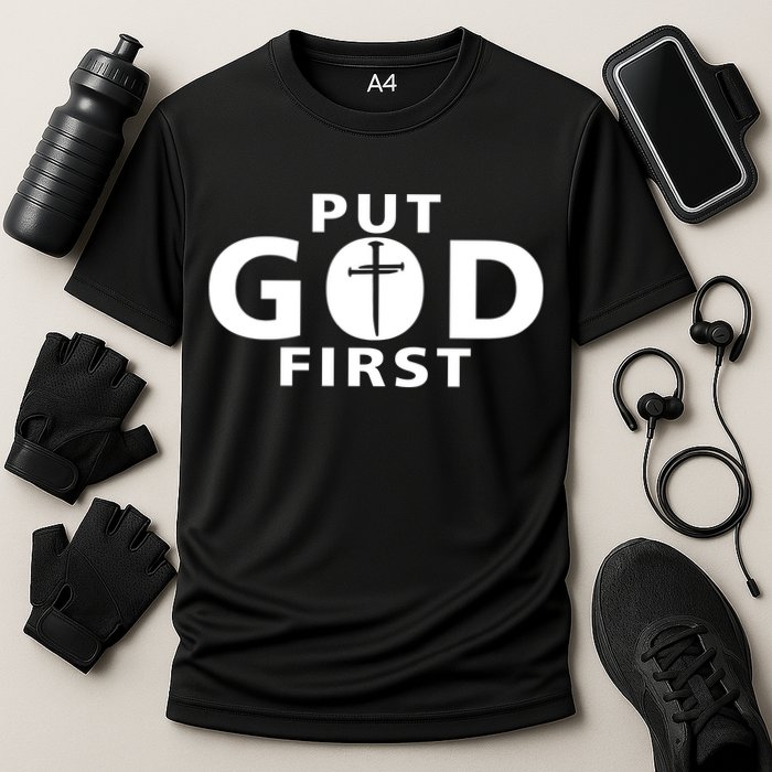 Put God First Christian 3 Nails Cross Catholic Jesus Christ Cooling Performance Crew T-Shirt