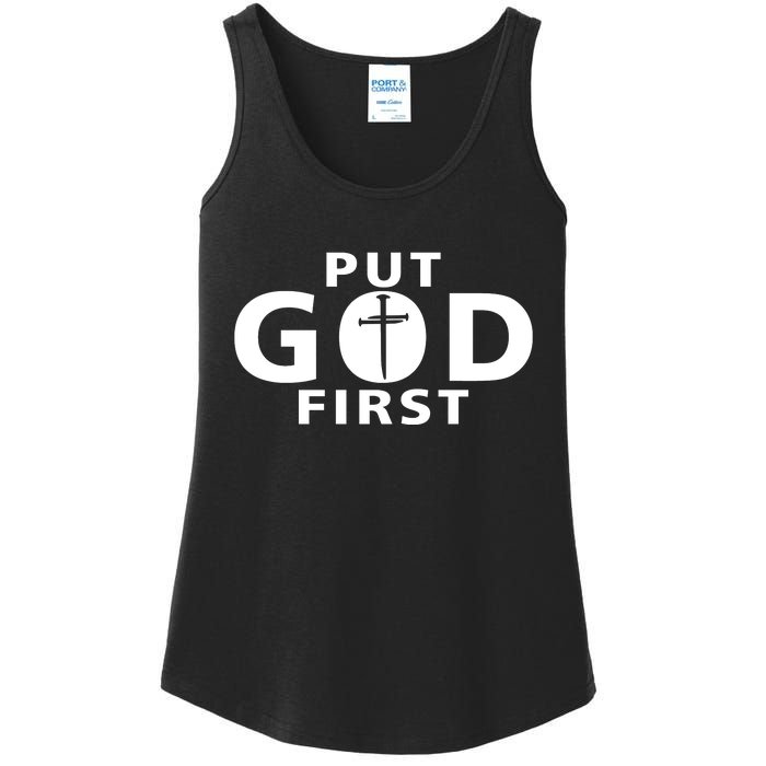 Put God First Christian 3 Nails Cross Catholic Jesus Christ Ladies Essential Tank