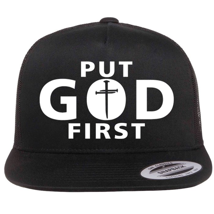 Put God First Christian 3 Nails Cross Catholic Jesus Christ Flat Bill Trucker Hat