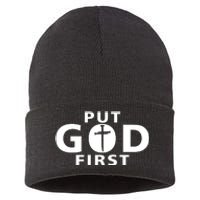 Put God First Christian 3 Nails Cross Catholic Jesus Christ Sustainable Knit Beanie