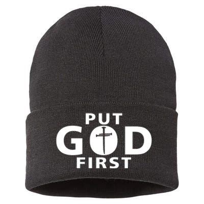 Put God First Christian 3 Nails Cross Catholic Jesus Christ Sustainable Knit Beanie