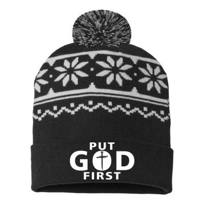 Put God First Christian 3 Nails Cross Catholic Jesus Christ USA-Made Snowflake Beanie