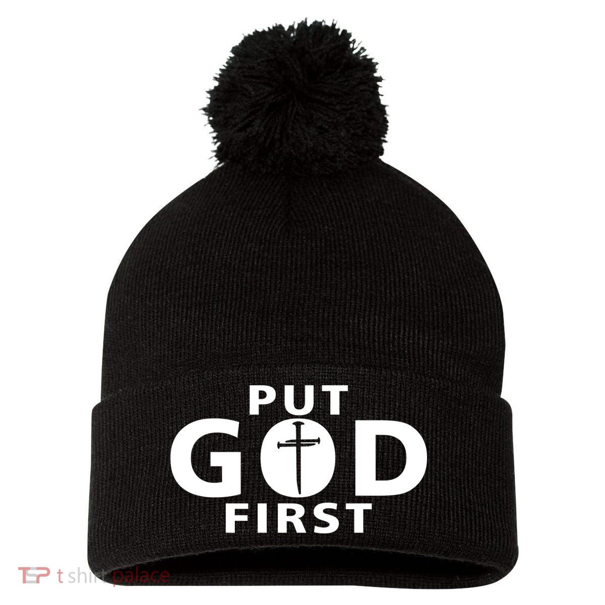Put God First Christian 3 Nails Cross Catholic Jesus Christ Pom Pom 12in Knit Beanie