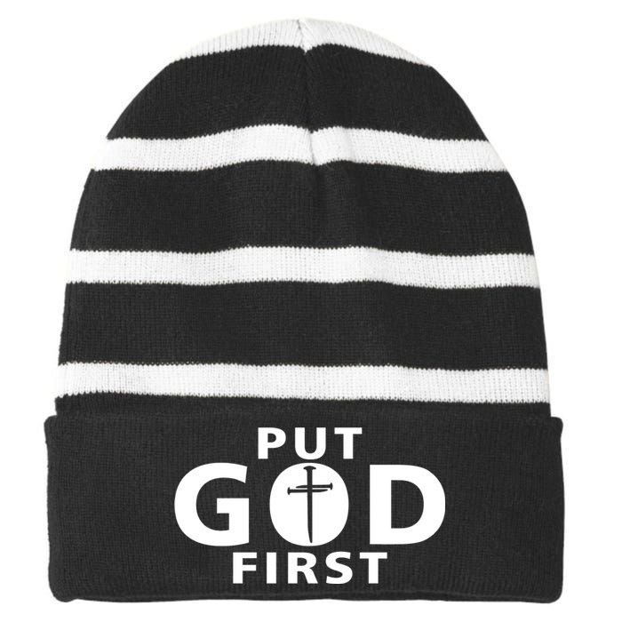 Put God First Christian 3 Nails Cross Catholic Jesus Christ Striped Beanie with Solid Band