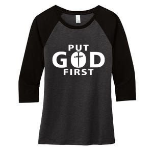 Put God First Christian 3 Nails Cross Catholic Jesus Christ Women's Tri-Blend 3/4-Sleeve Raglan Shirt