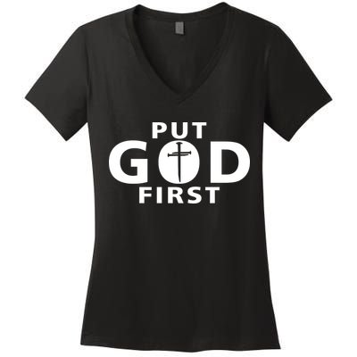 Put God First Christian 3 Nails Cross Catholic Jesus Christ Women's V-Neck T-Shirt