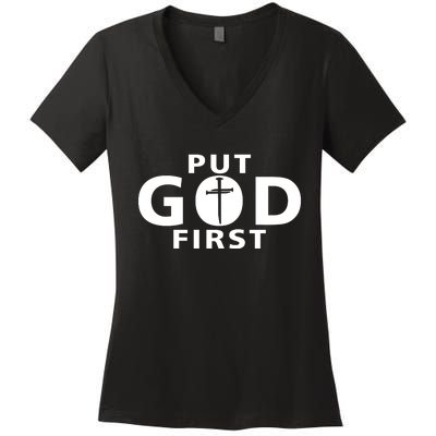 Put God First Christian 3 Nails Cross Catholic Jesus Christ Women's V-Neck T-Shirt