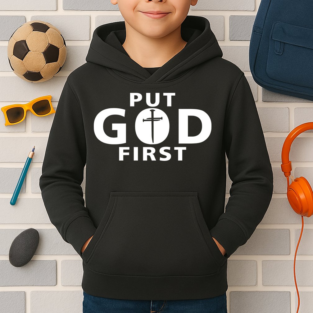 Put God First Christian 3 Nails Cross Catholic Jesus Christ Kids Hoodie