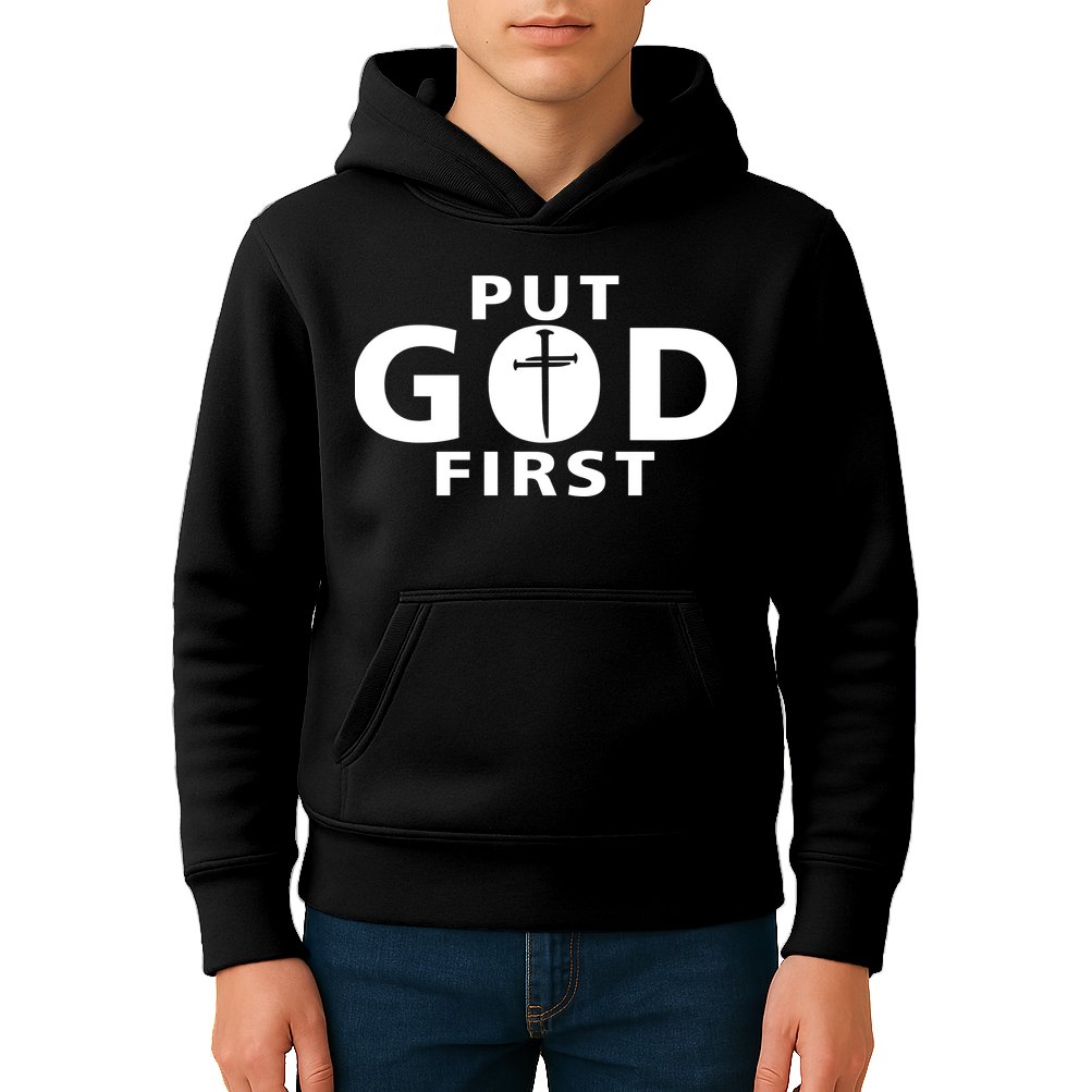 Put God First Christian 3 Nails Cross Catholic Jesus Christ Kids Hoodie