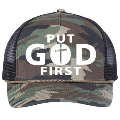 Put God First Christian 3 Nails Cross Catholic Jesus Christ Retro Rope Trucker Hat Cap