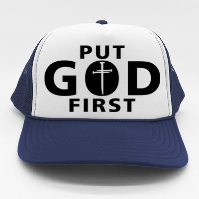 Put God First Christian 3 Nails Cross Catholic Jesus Christ Trucker Hat