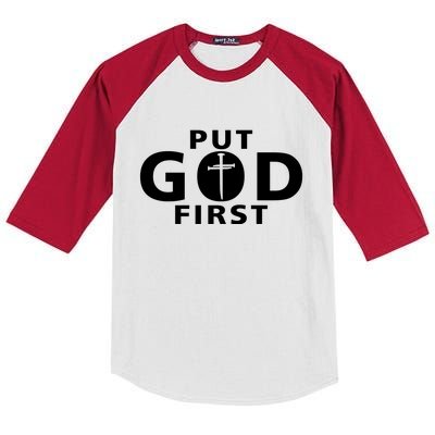 Put God First Christian 3 Nails Cross Catholic Jesus Christ Kids Colorblock Raglan Jersey