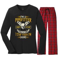 Pipefitter Gifts Funny Plumber Image On Back Women's Long Sleeve Flannel Pajama Set 