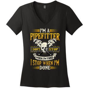 Pipefitter Gifts Funny Plumber Image On Back Women's V-Neck T-Shirt