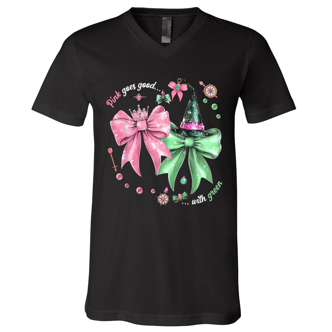 Pink Goes Good With Green Funny Halloween Witch V-Neck T-Shirt