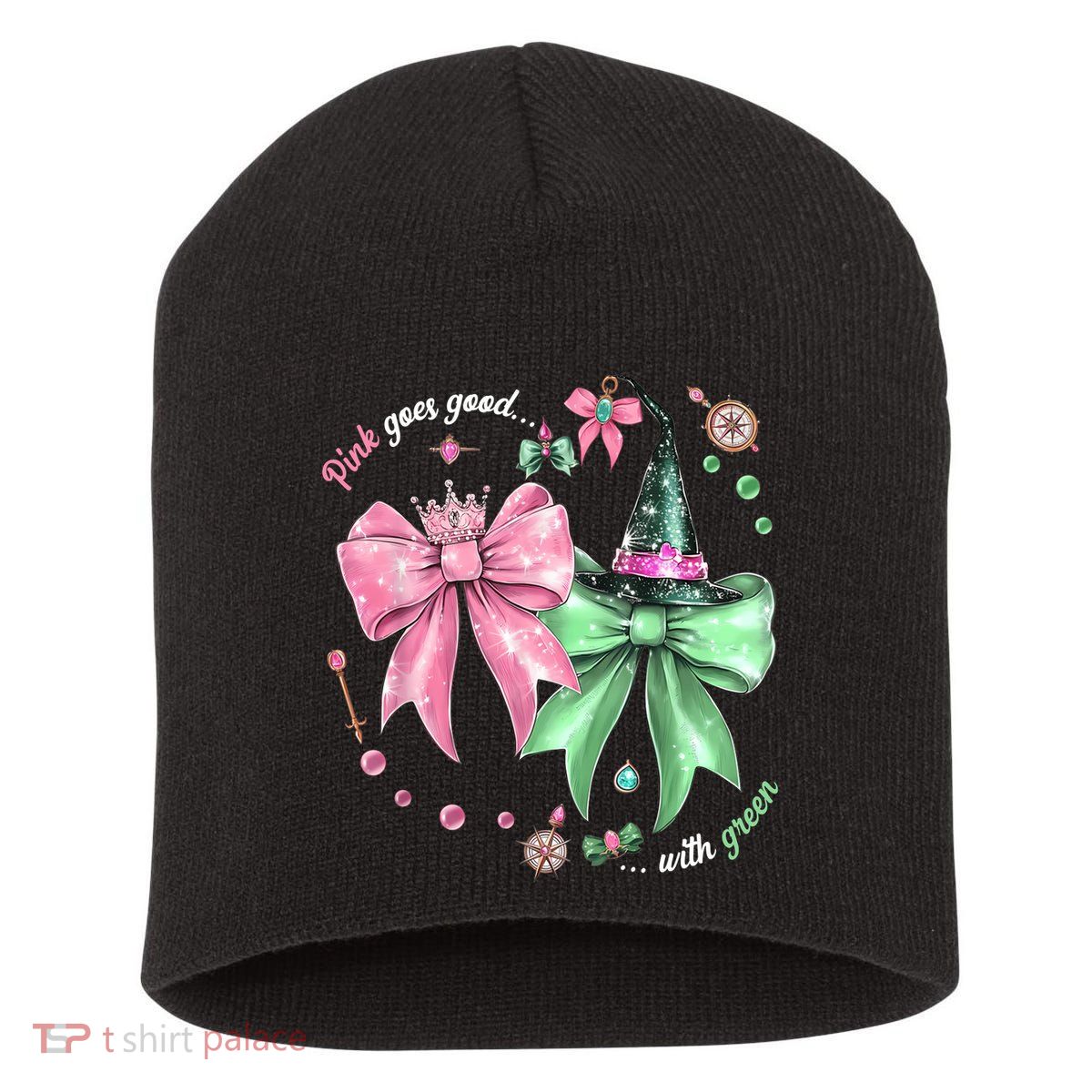 Pink Goes Good With Green Funny Halloween Witch Short Acrylic Beanie