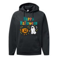 Pumpkin Ghost Happy Halloween Retro Groovy Vintage Performance Fleece Hoodie