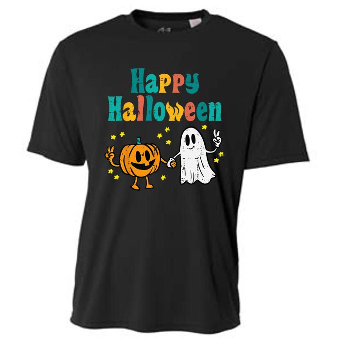 Pumpkin Ghost Happy Halloween Retro Groovy Vintage Cooling Performance Crew T-Shirt