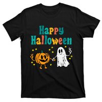 Pumpkin Ghost Happy Halloween Retro Groovy Vintage T-Shirt